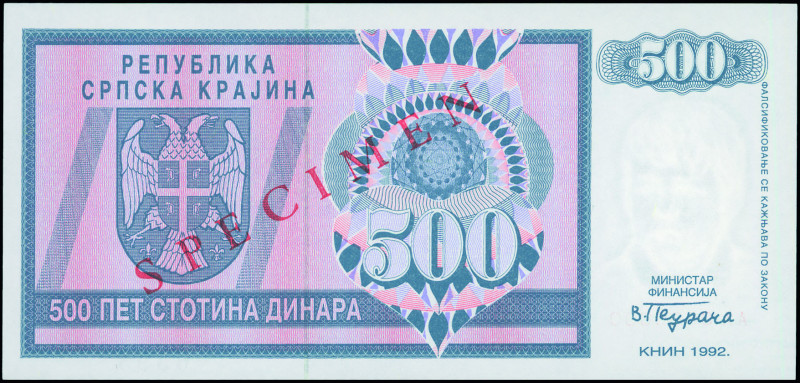 CROATIA: Specimen of 500 Dinara (1992) in blue-gray on pink and multicolor unpt....