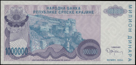 CROATIA: Replacement of 1 million Dinara (1994) in purple and aqua on lilac unpt. Knin fortress on hill at center-left on face. S/N: "Z 0000307". WMK:...