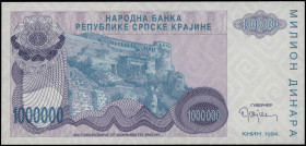 CROATIA: Remainder of 1 million Dinara (1994) in purple and aqua on lilac unpt. Knin fortress on hill at center-left on face. Without S/N. WMK: Greek ...