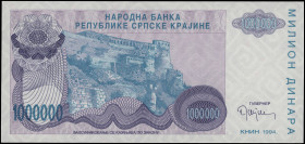 CROATIA: Specimen of 1 million Dinara (1994) in purple and aqua on lilac unpt. Knin fortress on hill at center-left on face. S/N: "A 0000000". WMK: Gr...