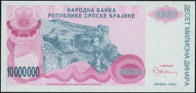 CROATIA: 10 million Dinara (1994) in gray and red-brown on pink unpt. Knin fortress on hill at center-left on face. S/N: "A 0107461". WMK: Greek desig...