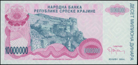 CROATIA: Specimen of 10 million Dinara (1994) in gray and red-brown on pink unpt. Knin fortress on hill at center-left on face. S/N: "A 0000000". WMK:...