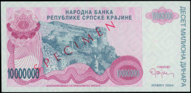 CROATIA: Specimen of 10 million Dinara (1994) in gray and red-brown on pink unpt. Knin fortress on hill at center-left on face. S/N: "A 0000000". Red ...