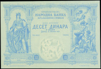 SERBIA: Proof of 10 Dinara (Srebru) (14.1.1887) in blue. Woman standing with sword and shield at left, children and child "Mercury" at right on face. ...