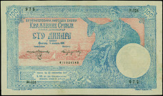 SERBIA: Contemporary forgery of 100 Dinara (Srebru) (5.1.1905) in blue on brown unpt. Woman seated with sword at right, coastline in background on fac...