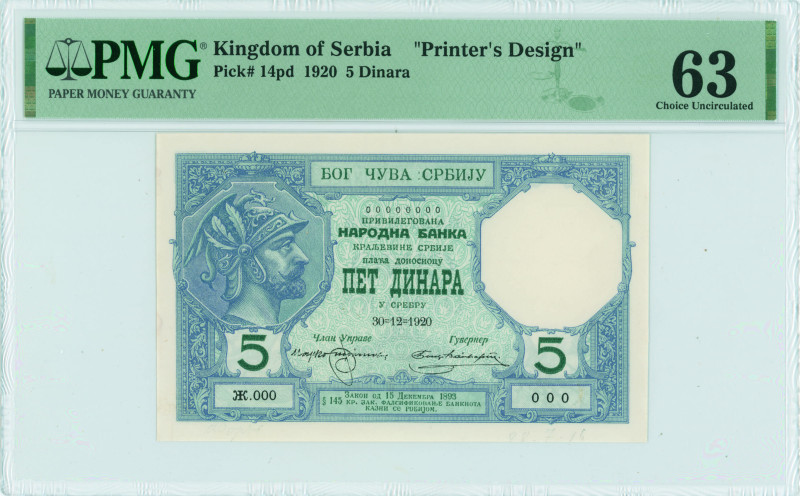 SERBIA: Printers desi of 5 Dinara (Srebru) (30.12.1920) in blue with green lette...