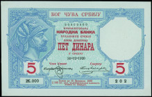 SERBIA: Proof of face of 5 Dinara (Srebru) (30.12.1920) in blue with red lettering, printed on thin filigran paper. Uniface. S/N: "Ж.000 202". Without...