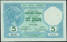 SERBIA: Proof of face of 5 Dinara (Srebru) (30.12.1920) in blue with green lettering, printed on thin filigran paper. Uniface. S/N: "Ж.000 000". Witho...