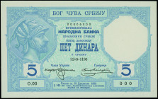 SERBIA: Specimen of 5 Dinara (Srebru) (32.9.1196) in blue. Helmeted man at left on face. S/N: "O.00 000". Control number "00005000". Without watermark...