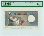 SERBIA: Printers unaccepted design of face of 100 Dinara (ND 1941) in brown and blue on multicolor unpt. Inside holder by PMG "Choice Extremely Fine 4...