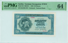 SERBIA: Replacement of 20 Dinara (1.5.1942) in blue. Portrait of Karadzic at left on face. S/N: "X.0188 979". Inside holder by PMG "Choice Uncirculate...