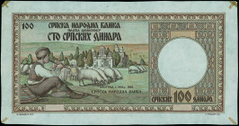 SERBIA: Proof of face of 100 Dinara (1.5.1942) in brown and multicolor printed on very thin paper. Shepherd-boy seated playing flute, flock of sheep a...