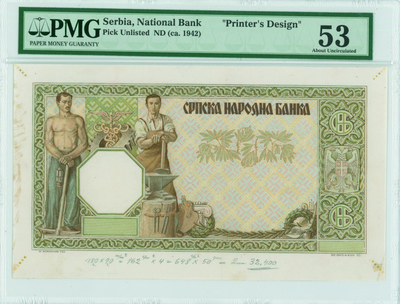 SERBIA: Printers unaccepted design of face of 1000 Dinara (ND 1942) in green and...