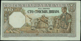 SERBIA: Proof of back of 100 Dinara (1.1.1943) in brown and blue on light brown and tan unpt. Man with ox-cart at center-right. Uniface. WMK: Woman he...