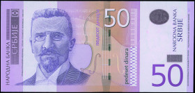 SERBIA: 50 Dinara (2005) in purple and tan on multicolor unpt. Stevan Stojanovic Mokranjac at center left on face. S/N: "AF 2105514". WMK: Mokranjac. ...