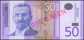 SERBIA: Specimen of 50 Dinara (2005) in purple and tan on multicolor unpt. Stevan Stojanovic Mokranjac at center-left on face. S/N: "AA 0000000". Red ...