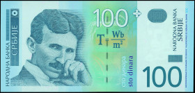 SERBIA: 100 Dinara (2003) in light and dark blue on multicolor unpt. Nikola Tesla at left on face. S/N: "AB 8999007". WMK: Tesla. (Pick 41a). Uncircul...