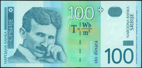 SERBIA: Replacement of 100 Dinara (2004) in light and dark blue on multicolor unpt. Nikola Tesla at left on face. WMK: Tesla. S/N: "ZA 0009257". (Pick...