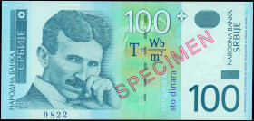 SERBIA: Specimen of 100 Dinara (2004) in light and dark blue on multicolor unpt. Nikola Tesla at left on face. S/N: "AA 0000000". Red diagonal ovpt "S...