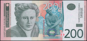 SERBIA: 200 Dinara (2005) in black and blue on tan unpt. Nadezda Petrovic at center-left on face. S/N: "AA 1593350". WMK: Petrovic. (Pick 42a). Uncirc...