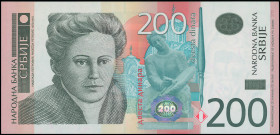 SERBIA: Replacement of 200 Dinara (2005) in black and blue on tan unpt. Nadezda Petrovic at center-left on face. S/N: "ZA 1498158". WMK: Petrovic. (Pi...