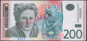 SERBIA: Specimen of 200 Dinara (2005) in black and blue on tan unpt. Nadezda Petrovic at center-left on face. S/N: "AA 0000000". Red diagonal ovpt "SP...