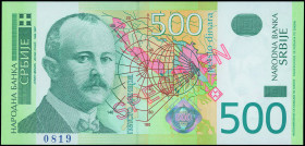 SERBIA: Specimen of 500 Dinara (2004) in blue and green on multicolor unpt. Jovan Cvijic at left on face. S/N: "AA 0000000". Red diagonal ovpt "SPECIM...