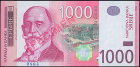 SERBIA: Specimen of 1000 Dinara (2003) in red on multicolor unpt. Dorde Vajfert at left on face. S/N: "AA 0000000". Red diagonal ovpt "SPECIMEN" (type...