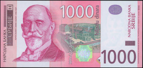 SERBIA: 1000 Dinara (2003) in red on multicolor unpt. Dorde Vajfert at left on face. S/N: "AC 3504388". WMK: Vajfert. Signature by Udovicki. (Pick 44b...