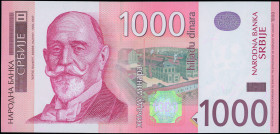 SERBIA: Replacement of 1000 Dinara (2003) in red on multicolor unpt. Dorde Vajfert at left on face. S/N: "ZA 0433300". WMK: Vajfert. Signature by Udov...