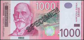 SERBIA: Specimen of 1000 Dinara (2003) in red on multicolor unpt. Dorde Vajfert at left on face. S/N: "AA 0000000". Red diagonal ovpt "SPECIMEN" (type...