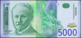 SERBIA: 5000 Dinara (2003) in green on multicolor unpt. Slibodan Javanovic at left on face. S/N: "AA 0734803". WMK: Jovanovic. Signature by Dinkic. (P...