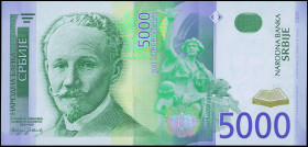 SERBIA: Replacement of 5000 Dinara (2003) in green on multicolor unpt. Slibodan Javanovic at left on face. S/N: "ZA 0013244". WMK: Jovanovic. Signatur...