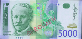 SERBIA: Specimen of 5000 Dinara (2003) in green on multicolor unpt. Slibodan Javanovic at left on face. S/N: "AA 0000000". Red diagonal ovpt "SPECIMEN...