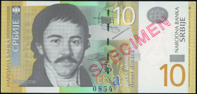 SERBIA: Specimen of 10 Dinara (2006) in black and tan on multicolor unpt. Vuk Stefanovic Karadzic at left on face. S/N: "AA 0000000". Red diagonal ovp...