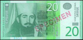 SERBIA: Specimen of 20 Dinara (2006) in green on multicolor unpt. Petar II Petrovic Njegos at left on face. S/N: "AA 0000000". Red diagonal ovpt "SPEC...