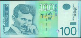 SERBIA: 100 Dinara (2006) in light and dark blue on multicolor unpt. Nicola Tesla at left on face. S/N: "AD 1483841". WMK: Tesla. (Pick 49a). Uncircul...