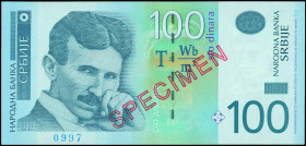 SERBIA: Specimen of 100 Dinara (2006) in light and dark blue on multicolor unpt. Nicola Tesla at left on face. S/N: "AA 0000000". Red diagonal ovpt "S...