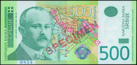 SERBIA: Specimen of 500 Dinara (2007) in olive green on multicolor unpt. Jovan Cvijic at left on face. S/N: "AA 0000000". Red diagonal ovpt "SPECIMEN"...