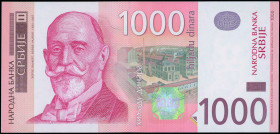 SERBIA: 1000 Dinara (2006) in rose on multicolor unpt. Dorde Vajfert at left on face. S/N: "AD 5848062". WMK: Vajfert. (Pick 52a). Uncirculated.