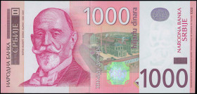 SERBIA: Replacement of 1000 Dinara (2006) in rose on multicolor unpt. Dorde Vajfert at left on face. S/N: "ZA 1773366". WMK: Vajfert. (Pick 52r*). Unc...