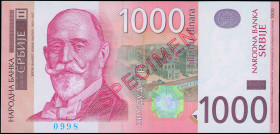 SERBIA: Specimen of 1000 Dinara (2006) in rose on multicolor unpt. Dorde Vajfert at left on face. S/N: "AA 0000000". Red diagonal ovpt "SPECIMEN" (typ...