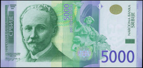 SERBIA: 5000 Dinara (2010) in green and lilac on multicolor unpt. Slobodan Jovanovic at left on face. S/N: "AA 0009025". WMK: Jovanovic. (Pick 53). Un...