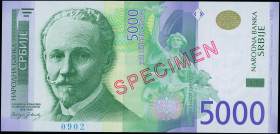 SERBIA: Specimen of 5000 Dinara (2010) in green and lilac on multicolor unpt. Slobodan Jovanovic at left on face. S/N: "AA 0000000". Red diagonal ovpt...