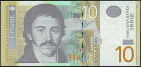 SERBIA: Replacement of 10 Dinara (2013) in brown and tan on multicolor unpt. Vuk Stefanovic Karadzic at left on face. S/N: "ZA 1037555". WMK: Older Ka...