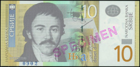 SERBIA: Specmen of 10 Dinara (2013) in brown and tan on multicolor unpt. Vuk Stefanovic Karadzic at left on face. S/N: "AA 0000000". Red diagonal ovpt...