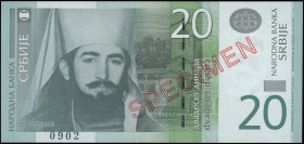 SERBIA: Specimen of 20 Dinara (2011) in green on multicolor unpt. Petar II Petrovic Njegos at left on face. S/N: "AA 0000000". Red diagonal ovpt "SPEC...