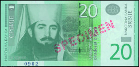 SERBIA: Specimen of 20 Dinara (2013) in green on multicolor unpt. Petar II Petrovic Njegos at left on face. S/N: "AA 0000000". Red diagonal ovpt "SPEC...