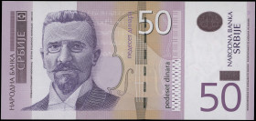 SERBIA: 50 Dinara (2011) in violet and tan on multicolor unpt. Stevan Stojanovic Mokranjac at left on face. S/N: "AB 0554845". WMK: Mokranjac. (Pick 5...