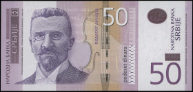 SERBIA: Replacement of 50 Dinara (2011) in violet and tan on multicolor unpt. Stevan Stojanovic Mokranjac at left on face. S/N: "ZA 0077300". WMK: Mok...